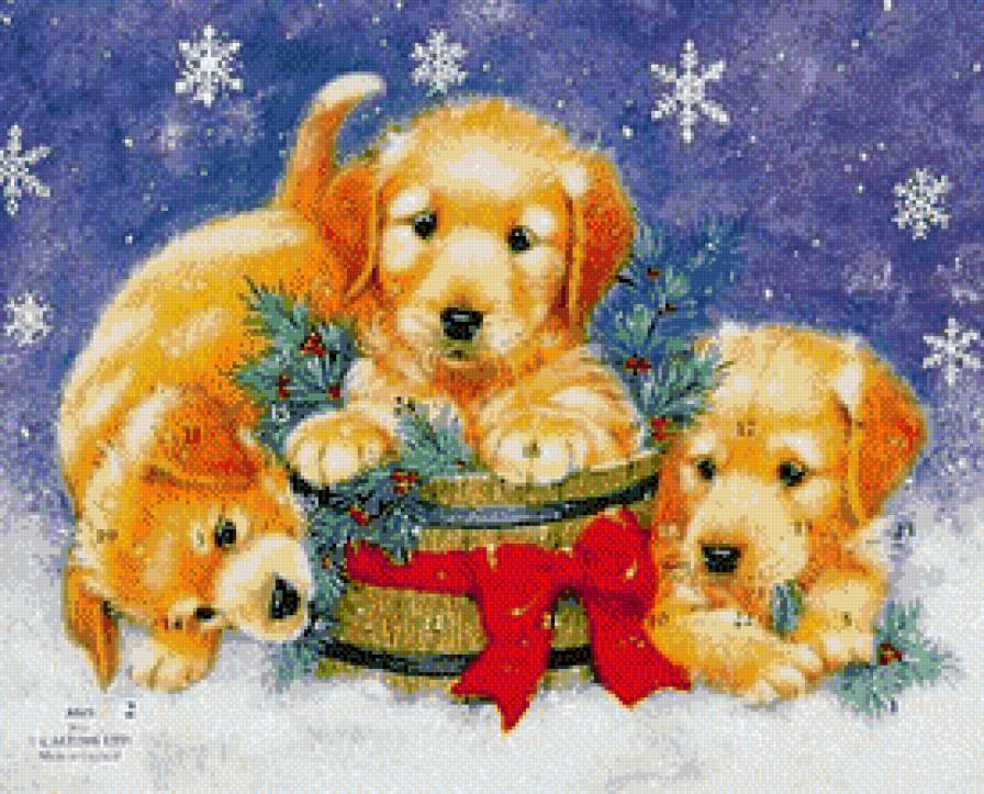 Малыши - щенки, снежинки, собаки, подарок, малыши, елка, новый год - предпросмотр