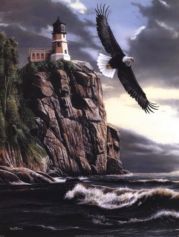 Парящий над морем - море, пейзаж, маяк, горы, орлы, птицы - оригинал