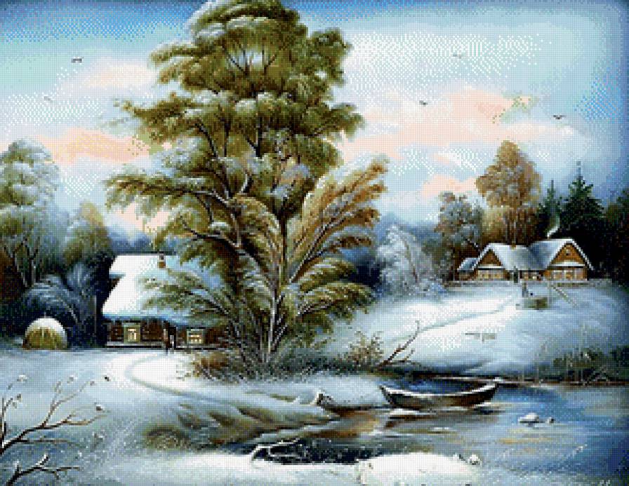 Зимний пейзаж - пейзаж, зима, лодка, река, домики, село - предпросмотр