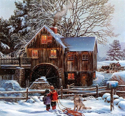 Зимняя мельница - животные, зима, собаки, мельница, дети, пейзаж - оригинал