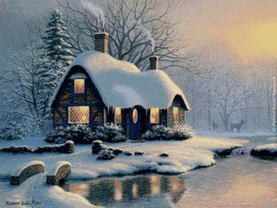 Серия "Зимний пейзаж" - домик, зима, пейзаж, река - предпросмотр