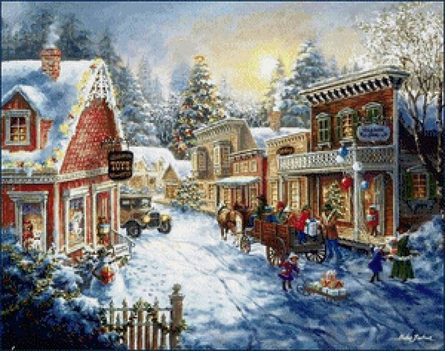 Ретро - городок - зима, животные, дети, домик, пейзаж, люди - предпросмотр