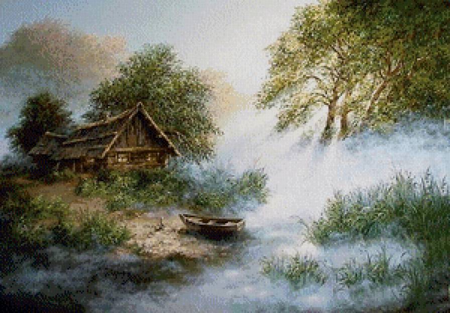 утренний туман у реки - туман, деревья, река.пейзаж, утро, домик, берег, избушка, природа.лес - предпросмотр