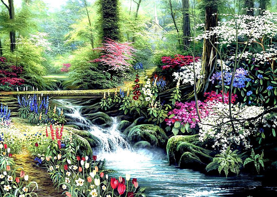 Лесной ручей - пейзаж, цветы, природа, ручей, мостик - оригинал