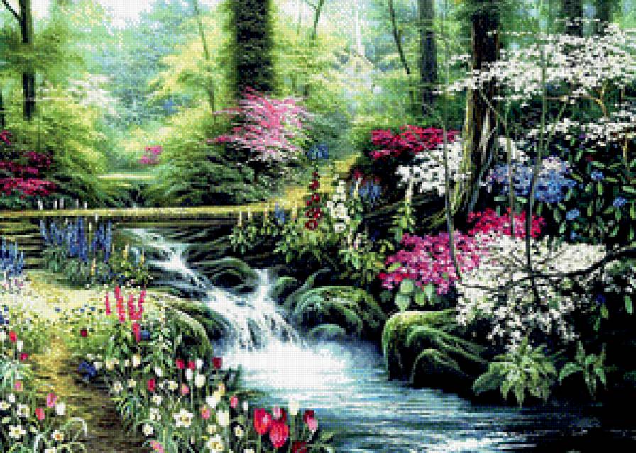 Лесной ручей - пейзаж, мостик, природа, цветы, ручей - предпросмотр