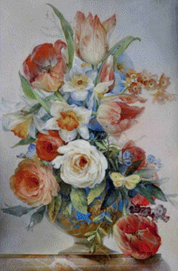 букет - вьюнок, живопись, роза, тюльпан, нарцисс, ваза, бабочка, цветы - предпросмотр