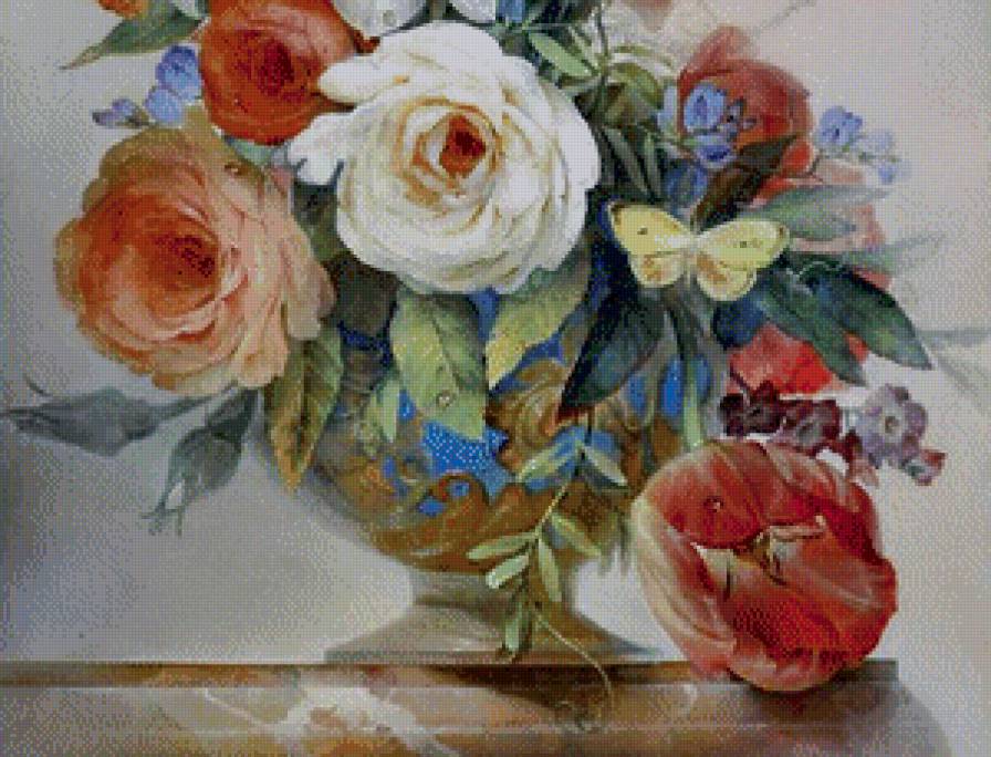 букет часть 2 - цветы, живопись, роза, ваза, тюльпан, вьюнок, нарцисс, бабочка - предпросмотр