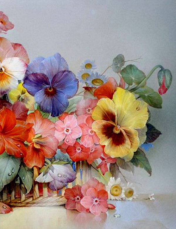 букетик часть 2 - флоксы, анютины глазки, маргаритки, корзина, живопись, цветы - оригинал