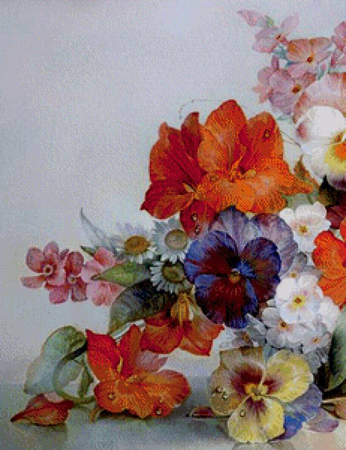 букетик часть 1 - живопись, анютины глазки, корзина, цветы, маргаритки, флоксы - предпросмотр