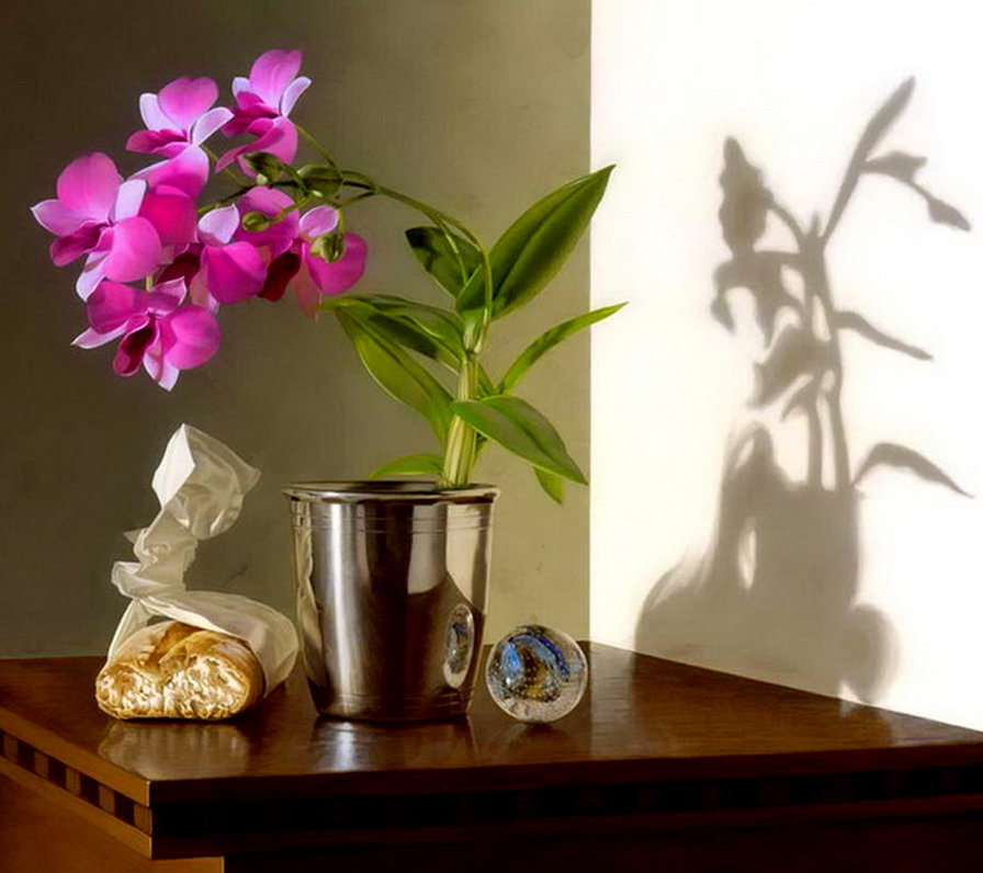 орхидея - шар, цветы, стекло, тень, батон, живопись, картина - оригинал