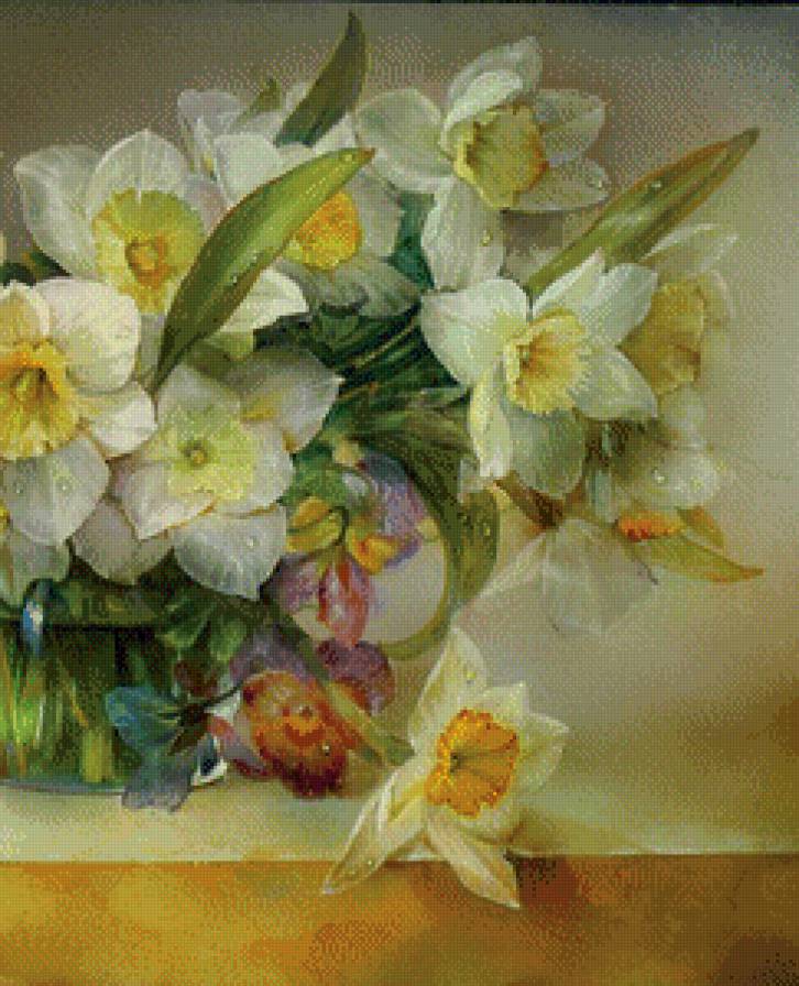 весенний букет часть 2 - живопись, анютины глазки, цветы, нарцисс, ваза - предпросмотр