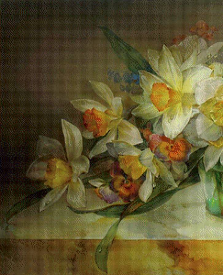 весенний букет часть 1 - живопись, анютины глазки, цветы, ваза, нарцисс - предпросмотр