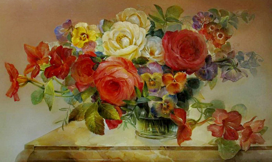 летний букет - живопись, анютины глазки, роза, цветы, ваза - оригинал