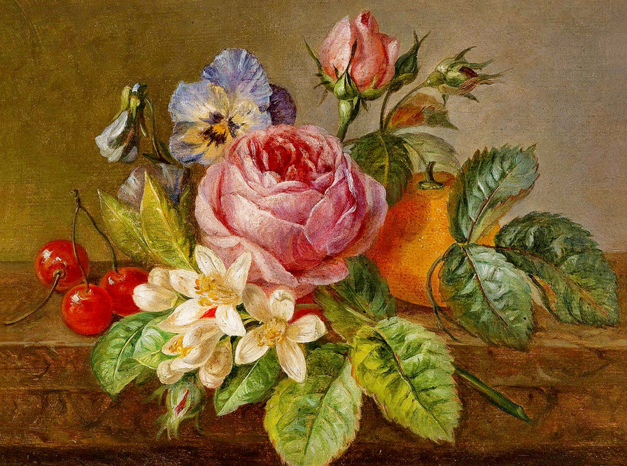 старинная картина - цветы, анютины глазки, роза, жасмин, вишня, живопись, апельсин - оригинал