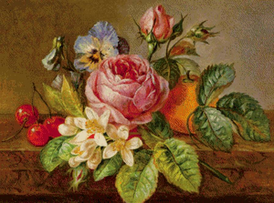 старинная картина - жасмин, роза, цветы, вишня, живопись, анютины глазки, апельсин - предпросмотр