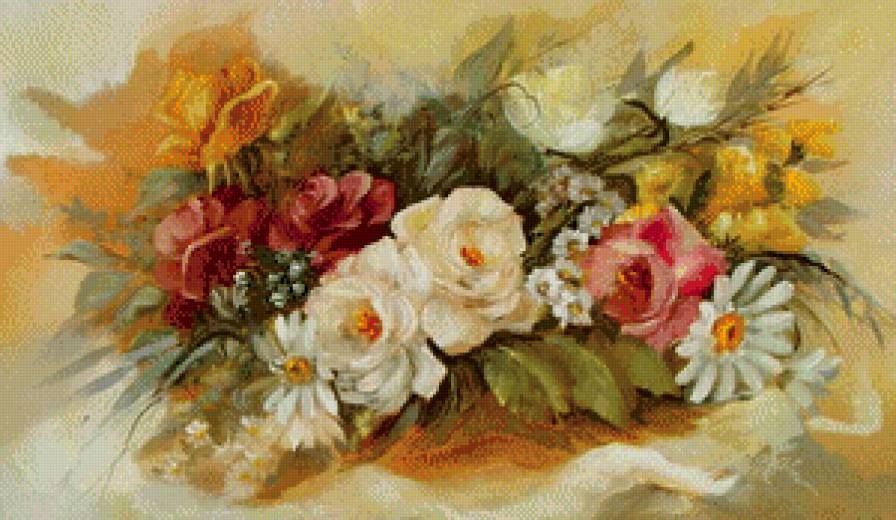 акварельные розы - роза, цветы, букет, ромашка, живопись - предпросмотр