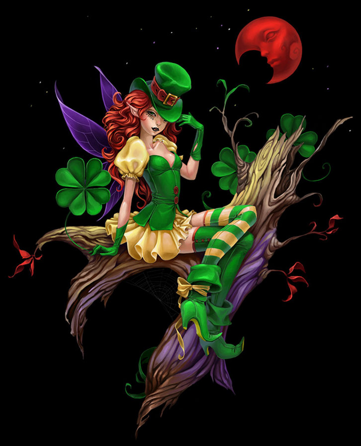 лепрекон - эльф, женщина, дерево, луна, крылья, девушка, живопись, клевер, фэнтези - оригинал