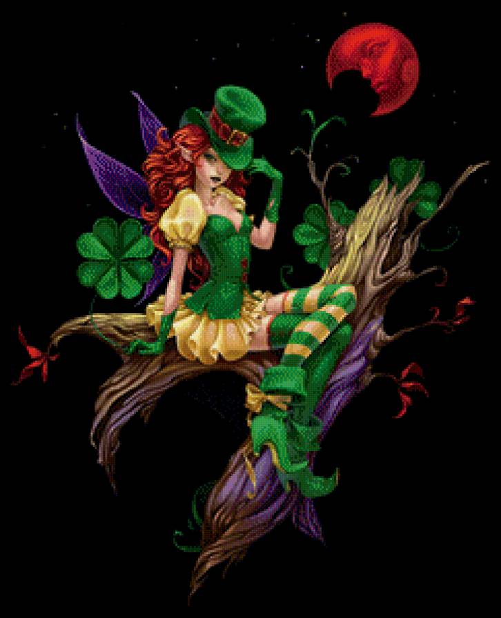 лепрекон - крылья, дерево, клевер, живопись, эльф, девушка, фэнтези, луна, женщина - предпросмотр