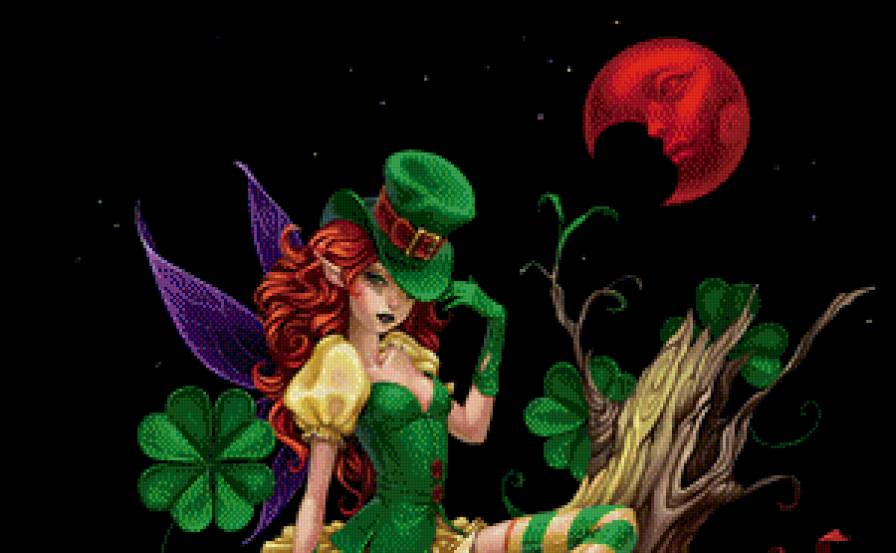 лепрекон часть 1 - крылья, луна, девушка, дерево, клевер, фэнтези, женщина, живопись, эльф - предпросмотр