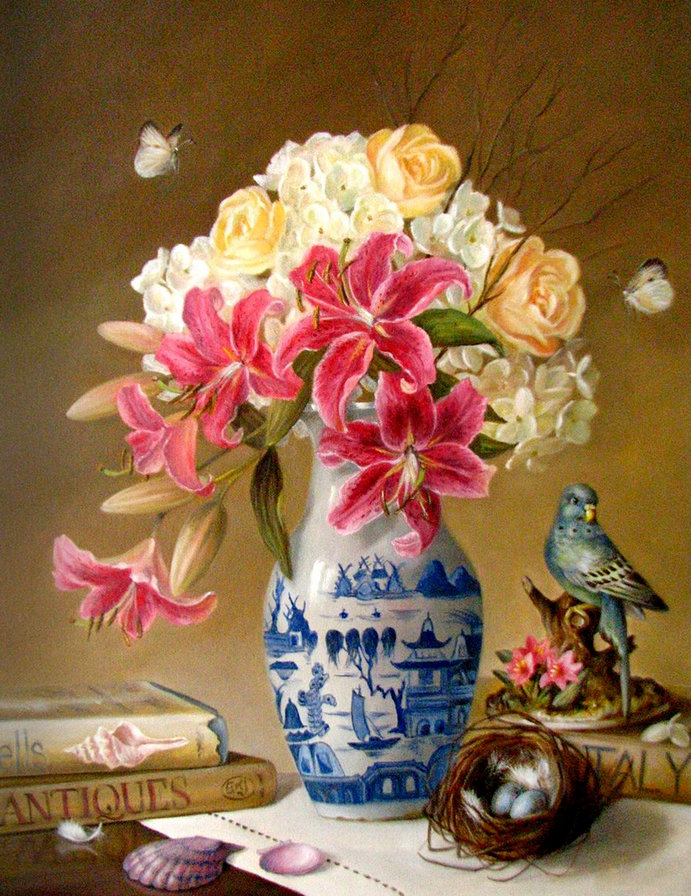 букет с попугаем - роза, яйцо, лилия, книга, живопись, цветы, картина, перо, гнездо, ракушка - оригинал