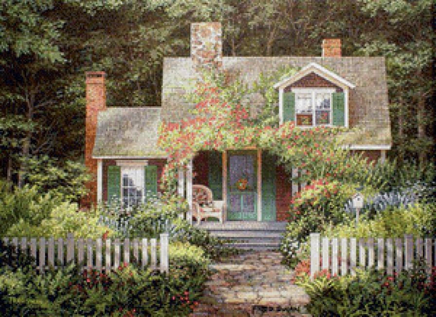 Летний домик - цветы, домик, лето, пейзаж - предпросмотр