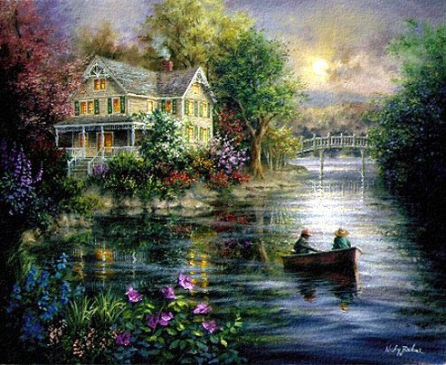 Серия "Летний пейзаж" - домик, мост, люди, цветы, река, пейзаж, лодка - оригинал