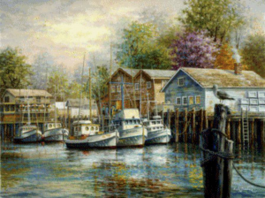 Серия "Летний пейзаж" - пейзаж, яхта, домик - предпросмотр