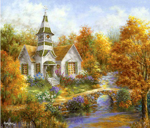 Серия "Осенний пейзаж" - домик, пейзаж, река, осень, мост - оригинал