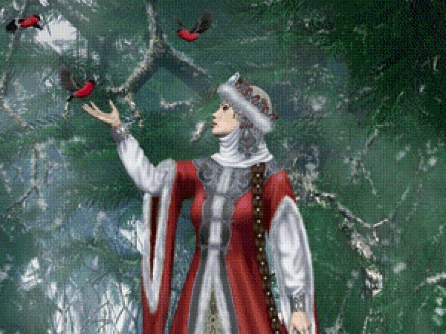 снегурочка и снегири - снегурочка, снегири, зима.снег, лес, птички, природа, пейзаж, девушка - предпросмотр