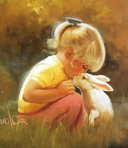 девочка и кролик - трава, лужайка, любимцы, кролик, дети, девочка - оригинал
