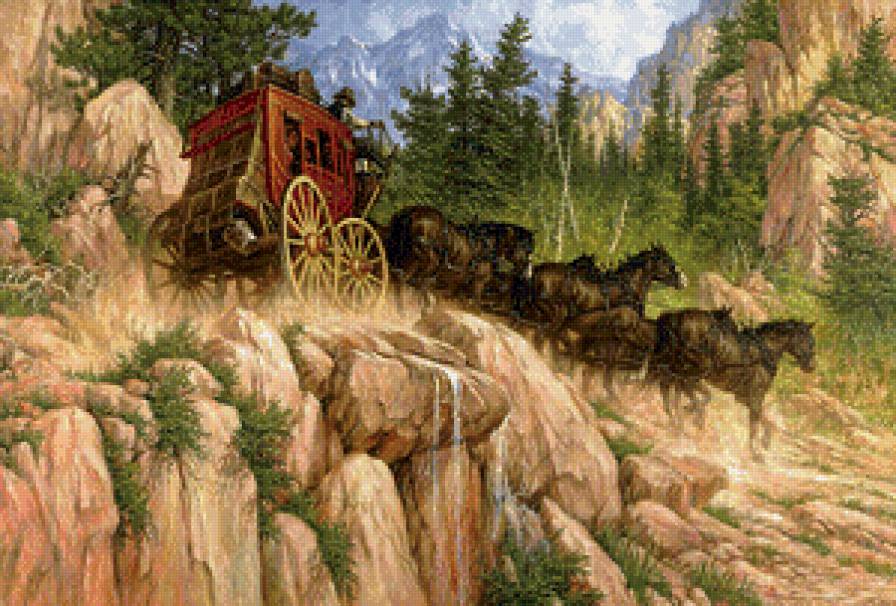 На диком Западе - карета, скалы, упряжка, пейзаж, лошади, запад - предпросмотр