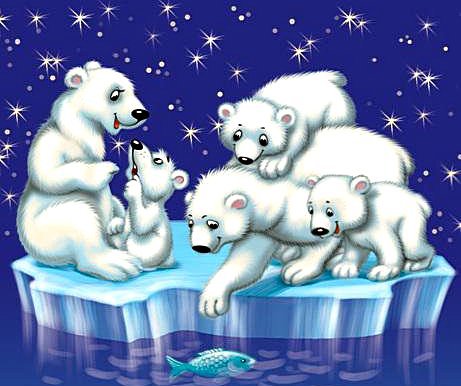 Белые мишки - льдина, животные, звезды, медведи, море - оригинал