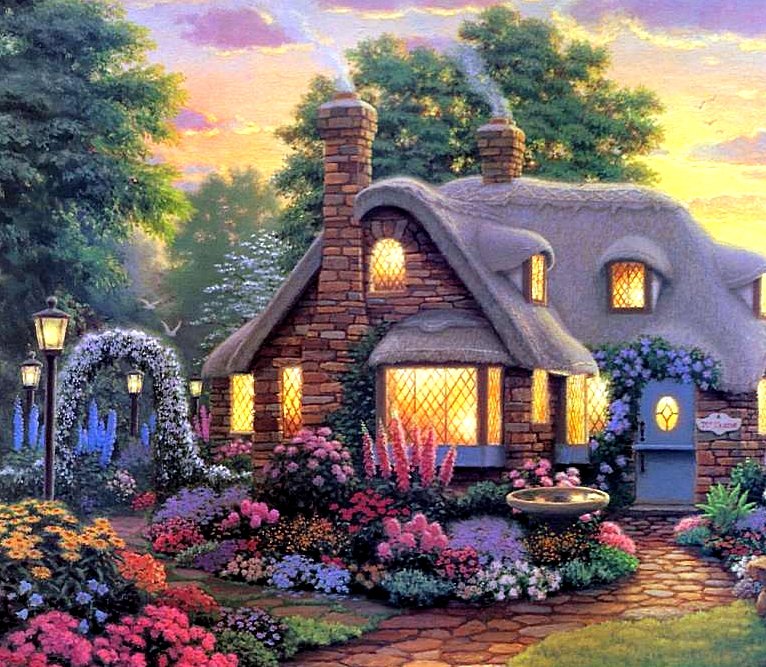 Уютный домик - пейзаж, домик, сад, цветы - оригинал
