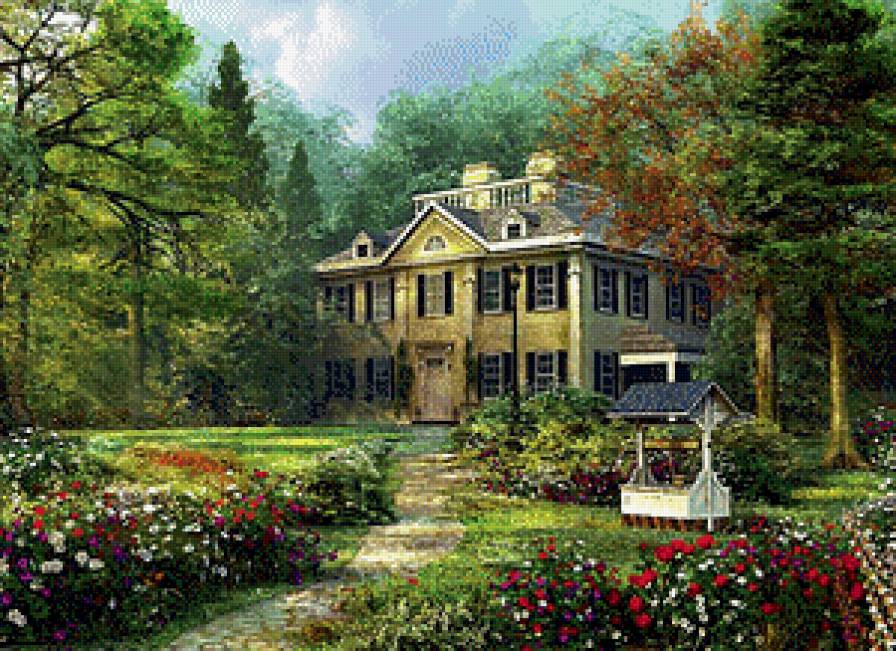 Особняк - дача, цветы, дом, пейзаж, лес - предпросмотр