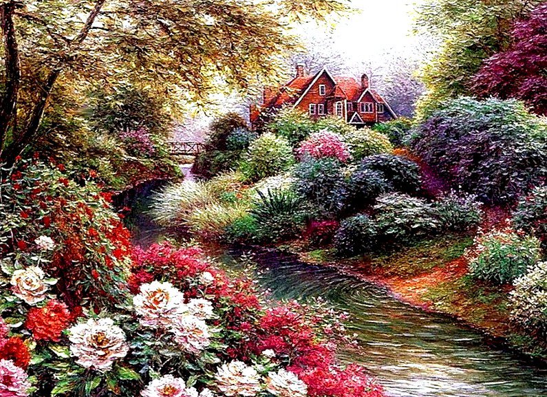 Дом среди цветов - река, пейзаж, лес, дом, цветы - оригинал