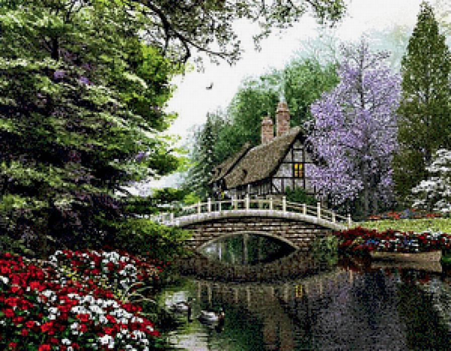Домик на берегу - мостик, цветы, картина, пейзаж, домик, лес - предпросмотр