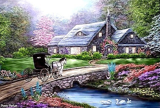 Домик у реки - река, домик, цветы, пейзаж, карета, лебеди, мост - оригинал