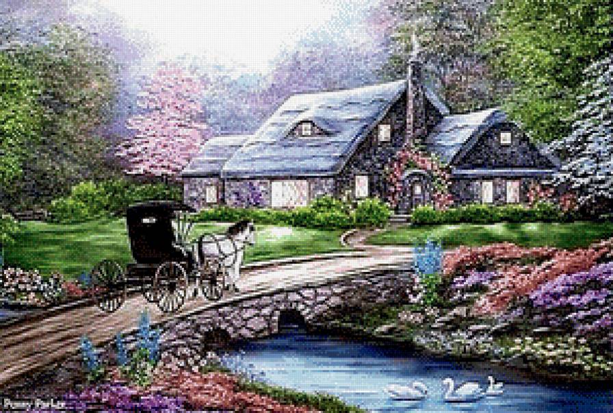 Домик у реки - река, пейзаж, домик, карета, цветы, мост, лебеди - предпросмотр