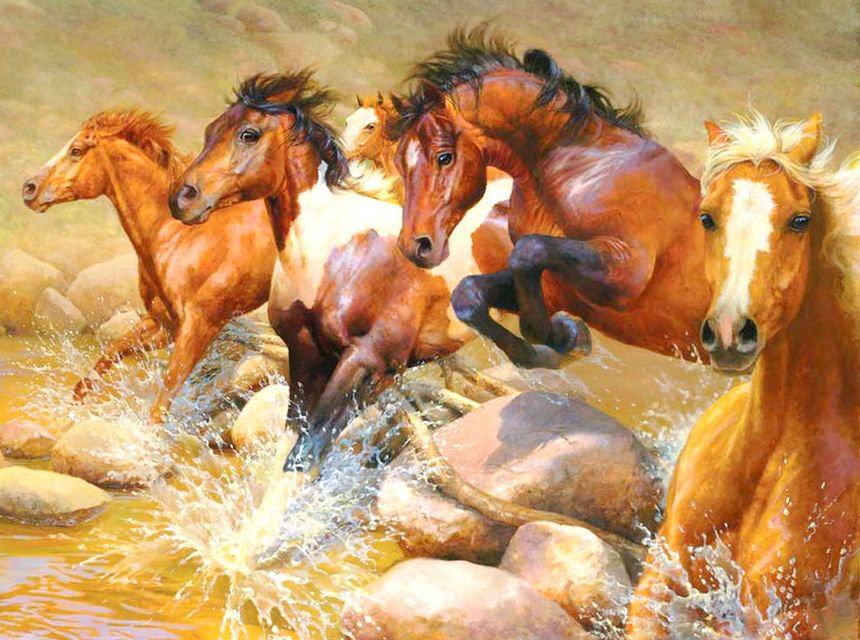 скачущие лошади - скачки, море, табун, берег, лошади - оригинал