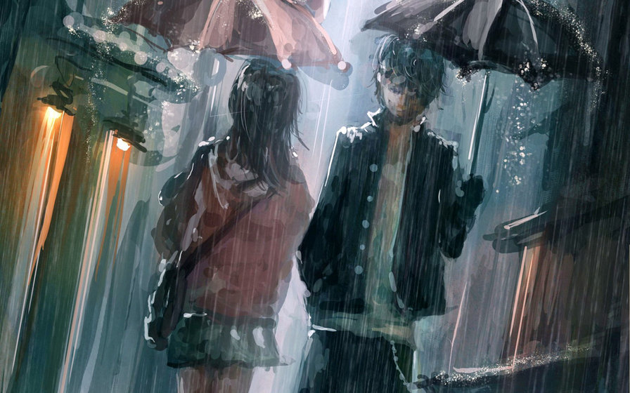 под дождём - картина, аниме, парень, зонт, девушка, живопись, грусть, дождь - оригинал
