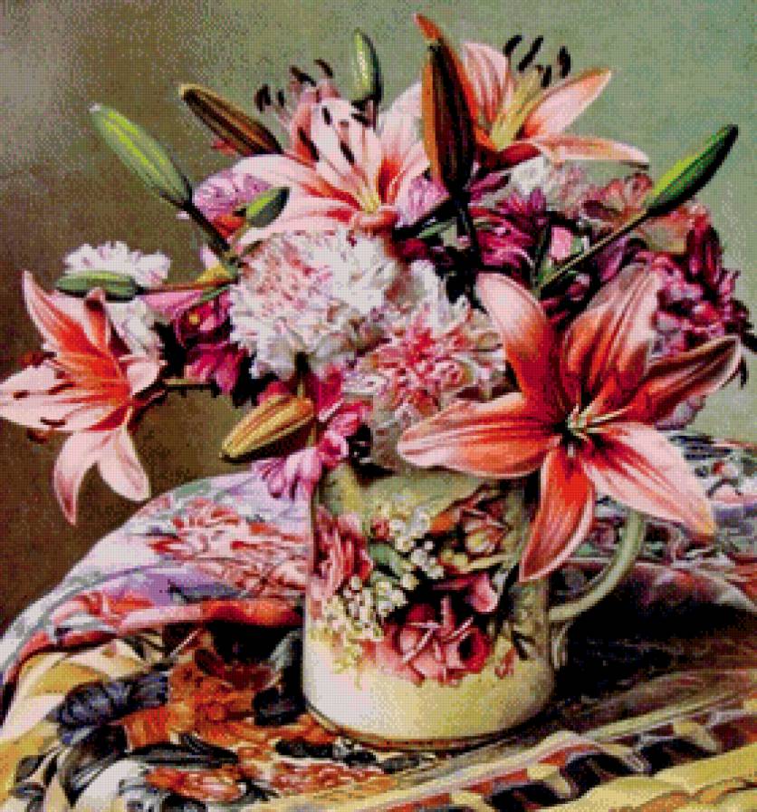 букет лилий - цветы, кувшин, гвоздика, живопись - предпросмотр