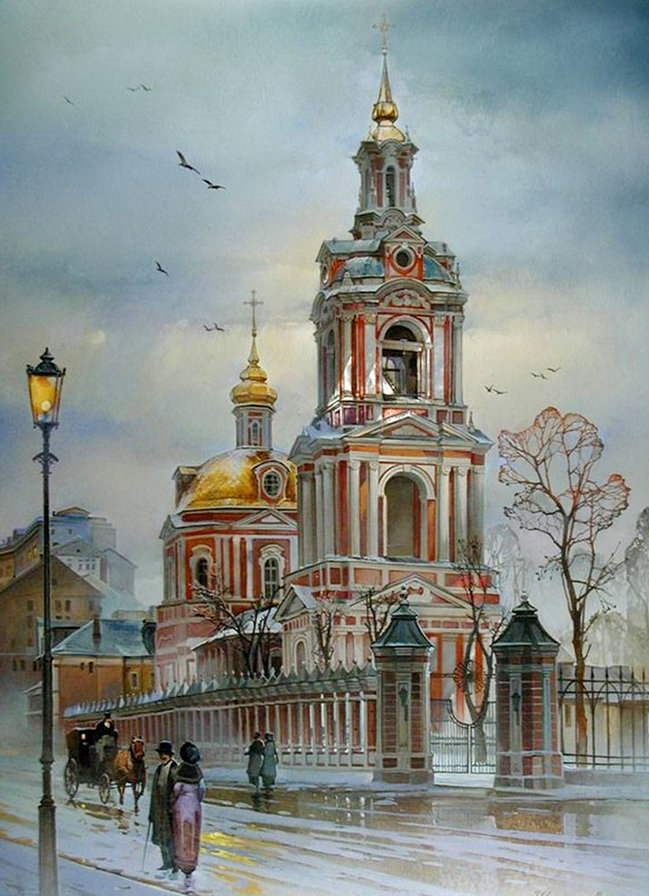 храм - карета, дорога, фонарь, картина, живопись, люди - оригинал