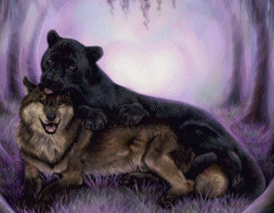 красивая дружба - живопись, любовь, пантера, хищник, фэнтези, пара, волк - предпросмотр