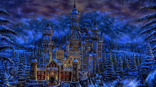 сказочный замок - лес, замок, снег, сказка, фентези, легенда - оригинал