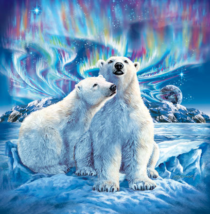 Северное сияние - медведи, животные, снег, пейзаж, зима - оригинал