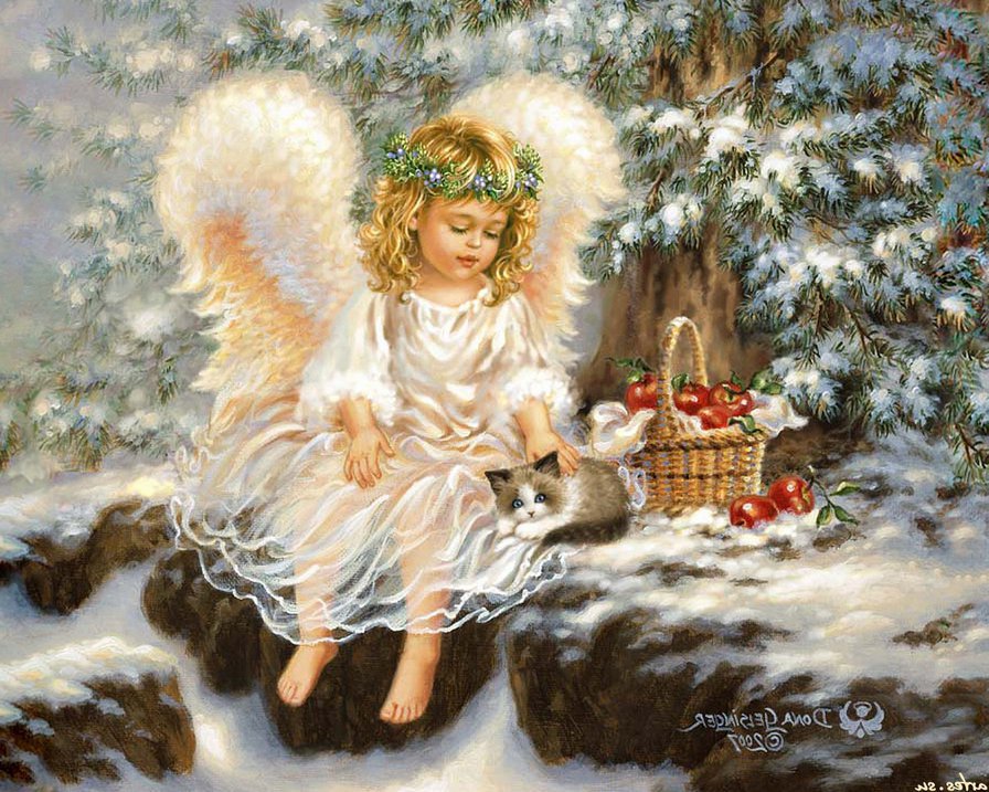 ангелок с котёнком под ёлкой - елка, новый год, дети, котенок, ангел, рождество, праздник, ангелок - оригинал