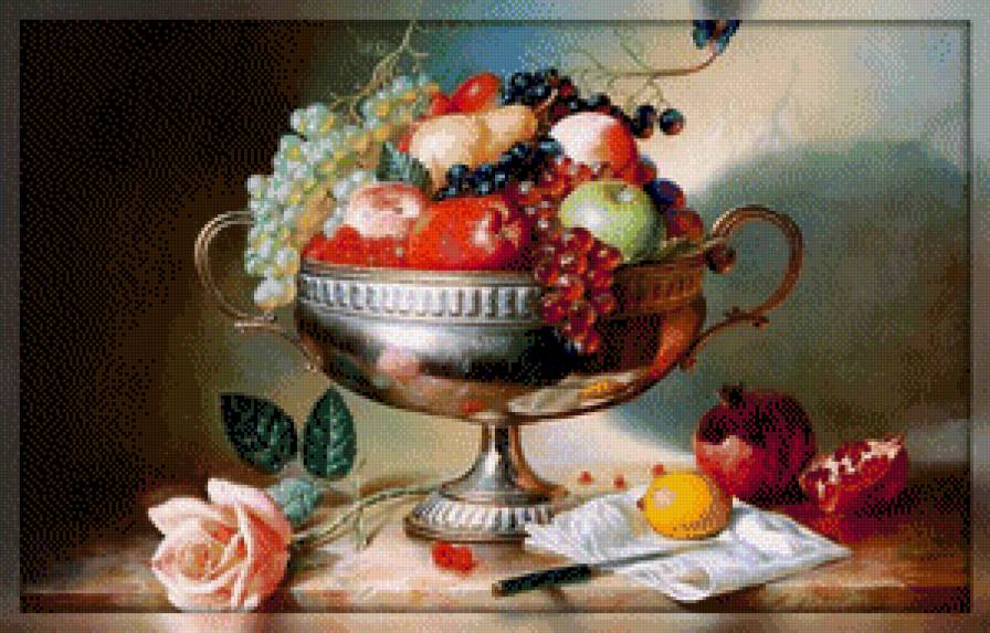 натюрморт - цветы, натюрморт, картина, фрукты, роза - предпросмотр