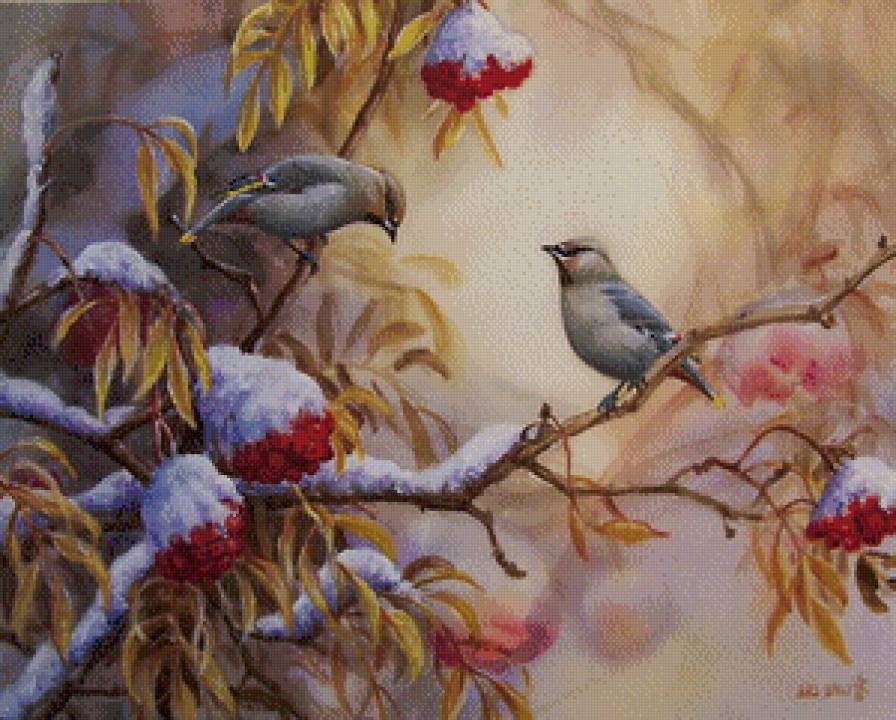 воробушки на заснеженной ветке - воробей, калина, зима.птички, снег.дерево, рябина, зимний пейзаж - предпросмотр