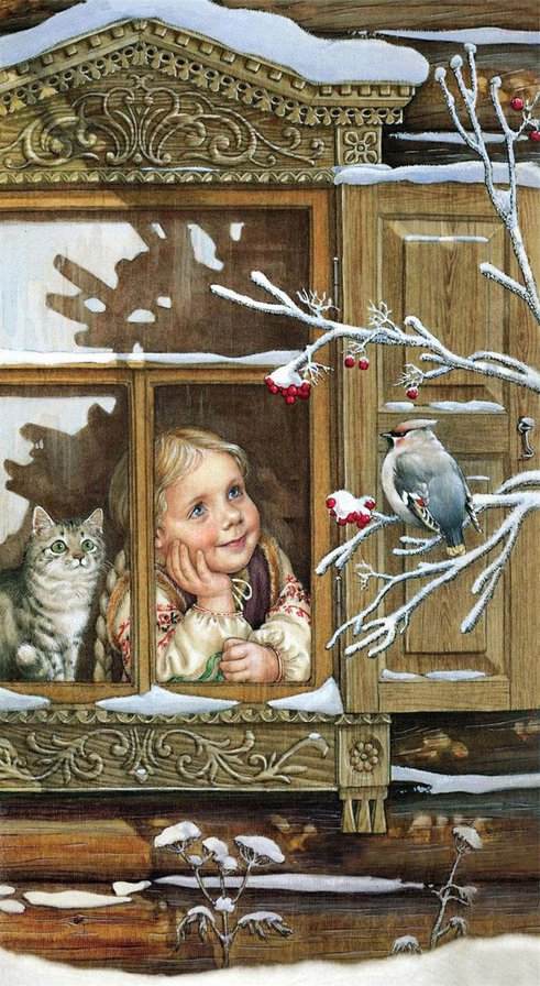 зимородок за окном - дети, рябина, за окном, зима, кот, зимородок, девочка, снегири, домик - оригинал