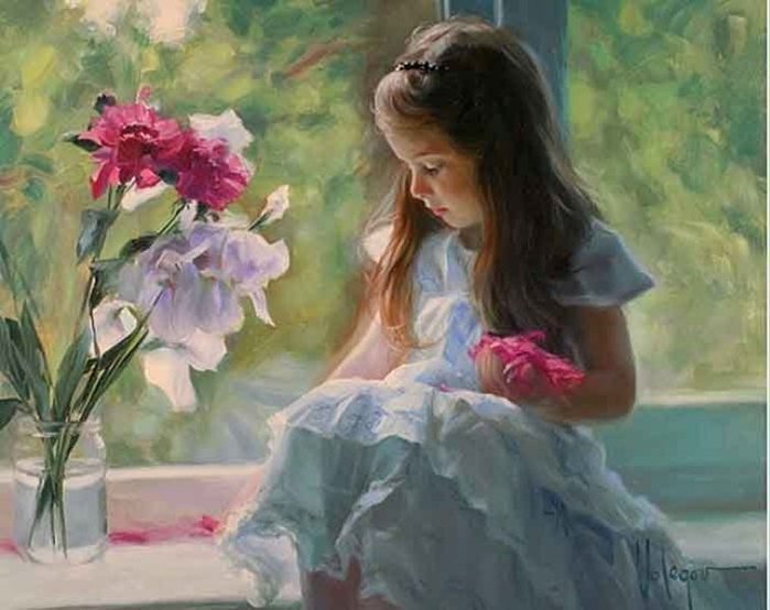 девочка на окне - девочка, портрет, цветы - оригинал